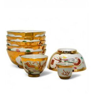 8 Piece Porcelain Gold and White Dragon BowlSet